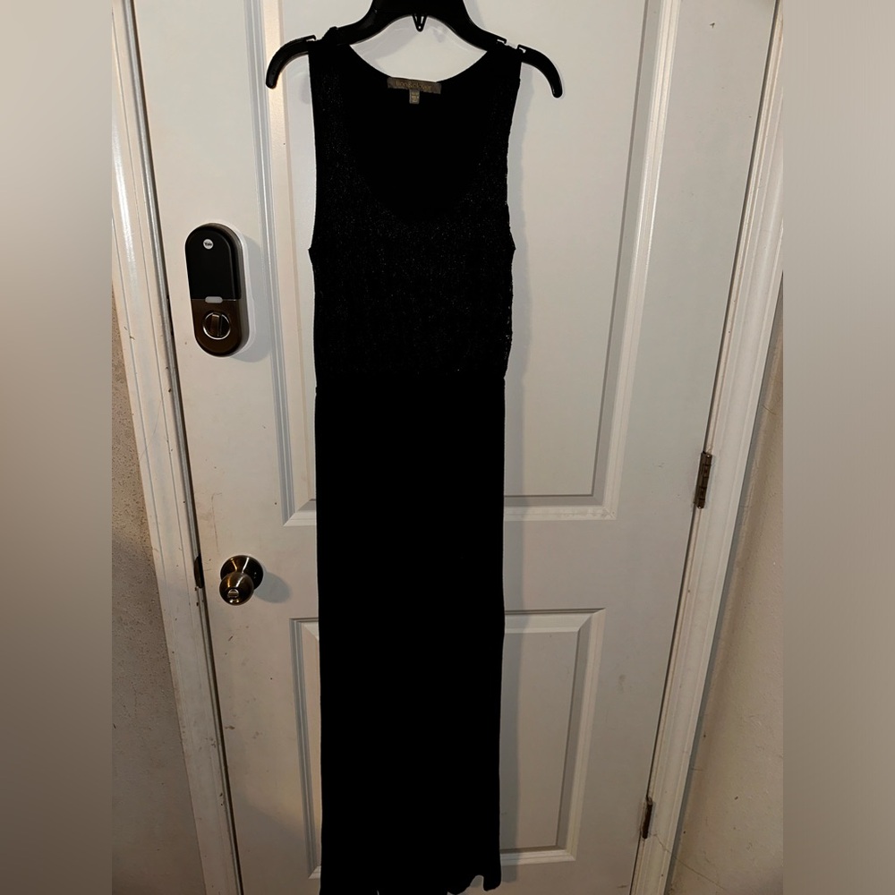 Finn & Clover‎ Womens Black Lace Metallic Maxi Dress Sleeveless XS Evening Gown